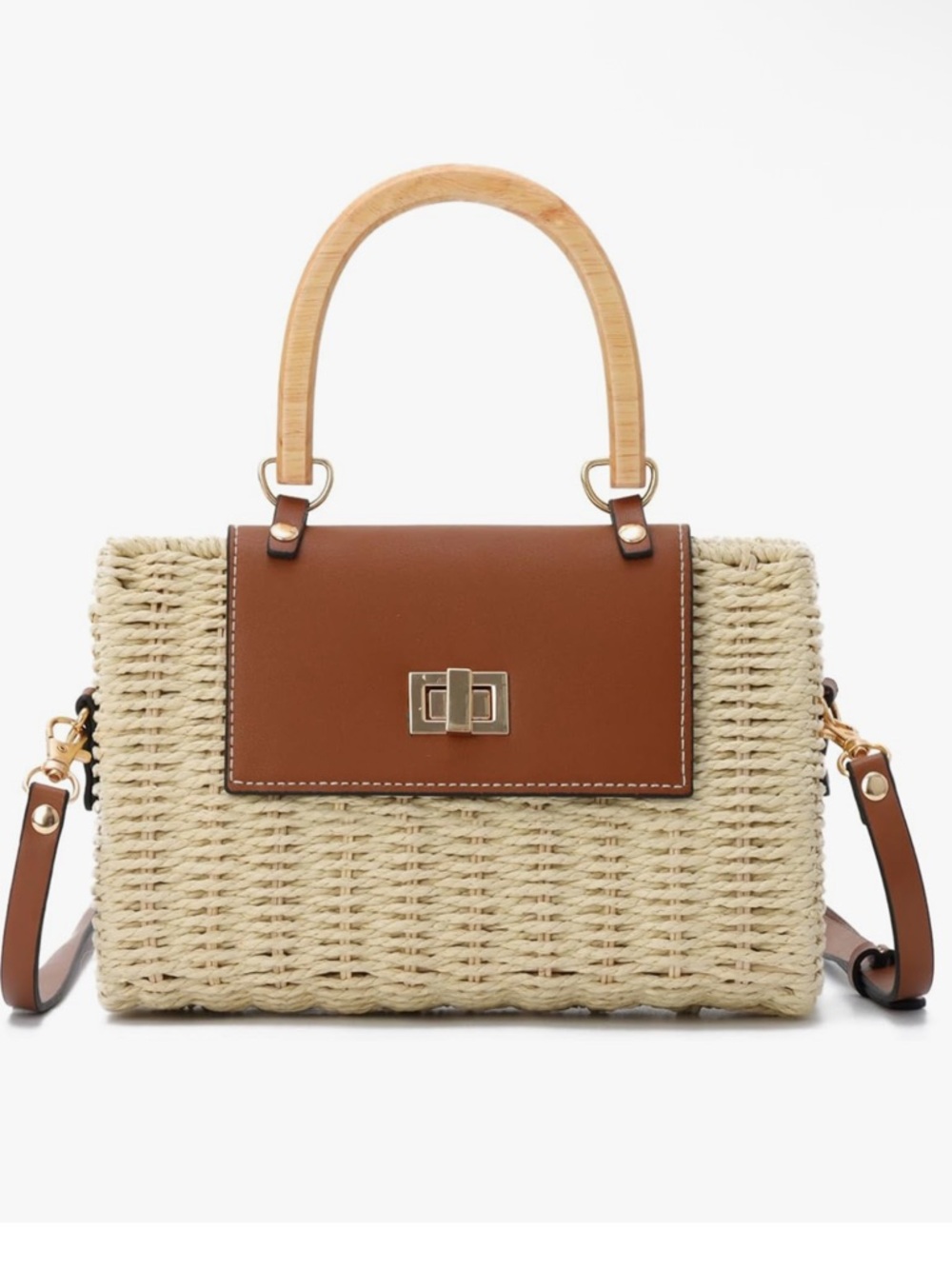 Woven Straw Crossbody with Brown Leather Flap and Top Handle - Picture 7 of 7